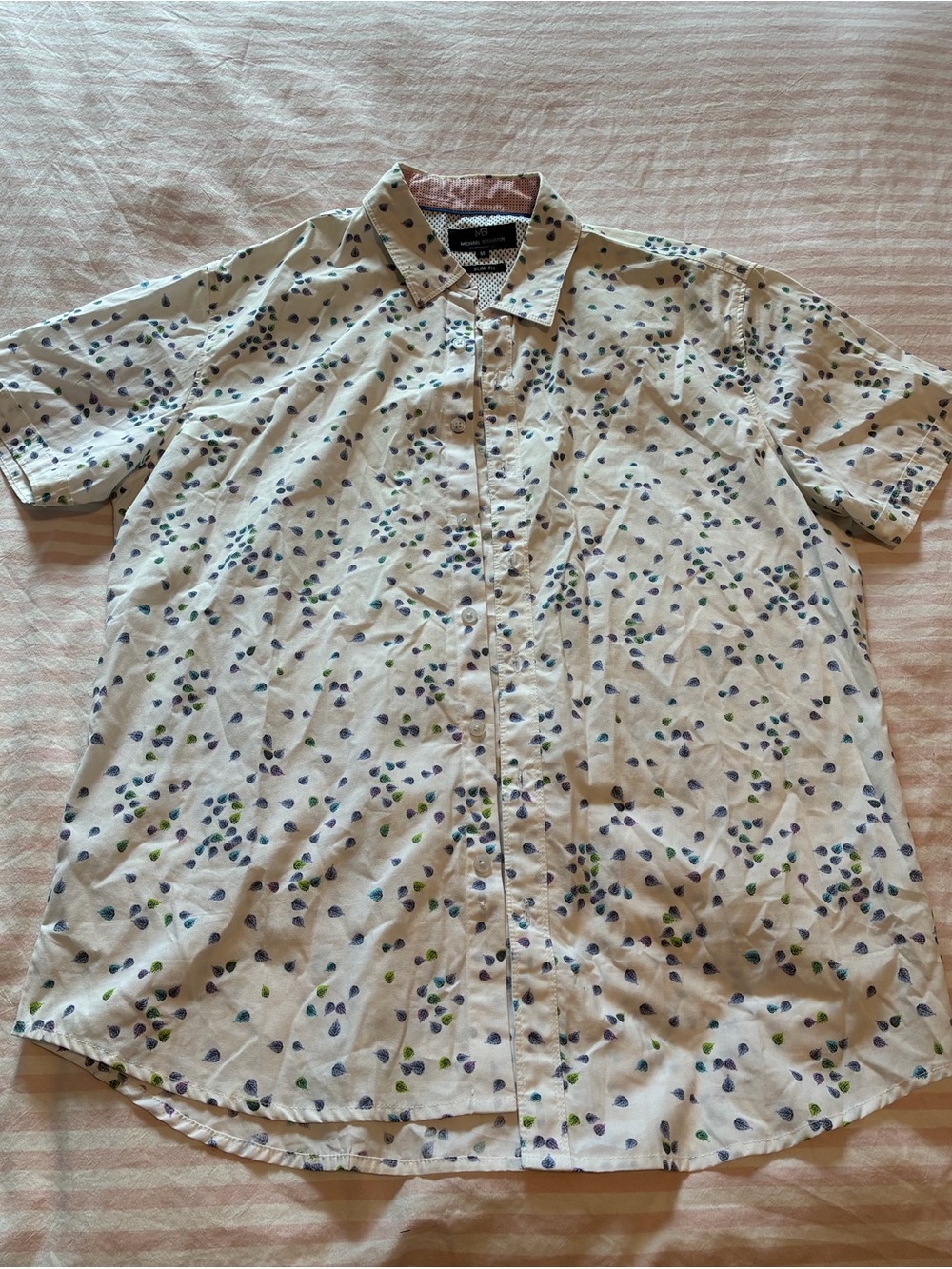 Michael Brandon Short-Sleeve Button-Up Shirt in White with Blue & Green Print